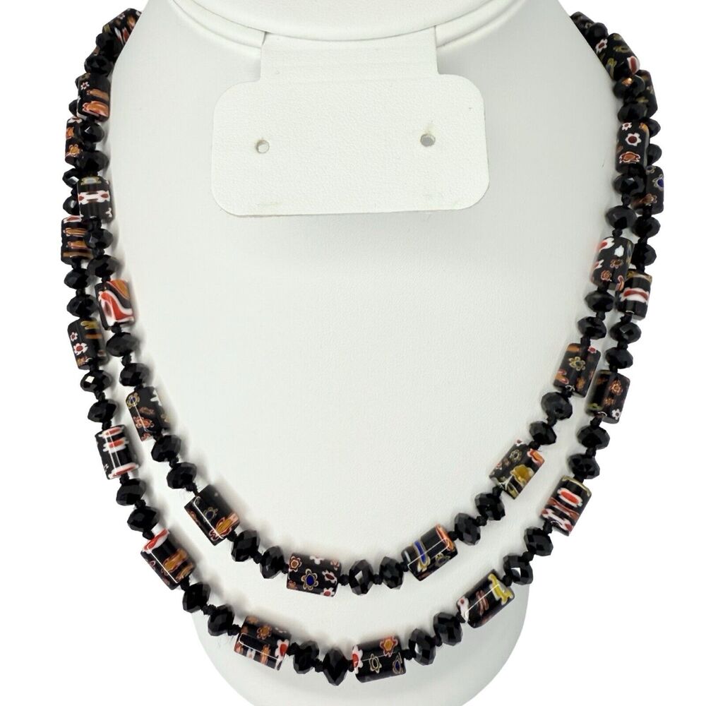 Vintage Black Millefiori Glass Crystal Beaded Necklace 24" Multi-Strand Layered